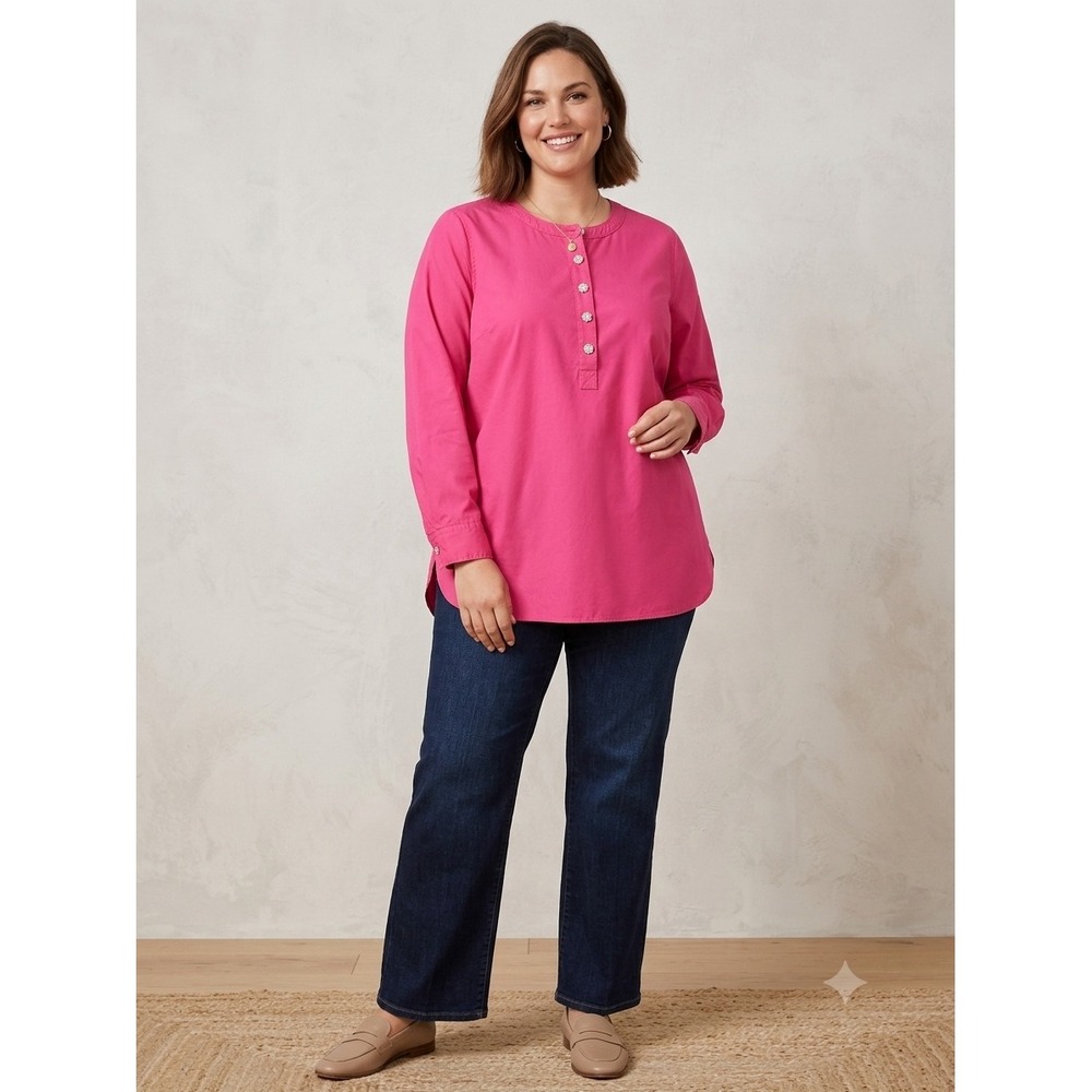 Talbots Tunic Pink Crystal Flower Button Popover Blouse Womens 2X